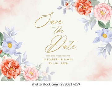 Plantilla de invitación a bodas de fondo con decoración de hojas y melocotón naranja