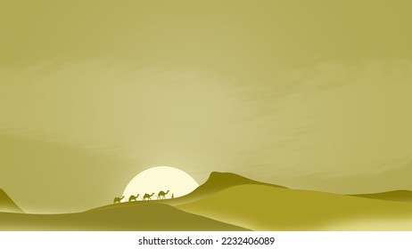 Backround Copy Space desert, with objects Camel silhouette and sun. Motivation, hope and opportunity concept. Vector illustration.