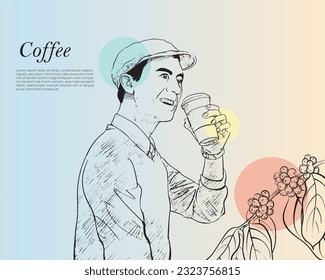 Backround design with ink sketch, man holding a cup of drink with text dummy. Perfect for beverage products, coffee, etc.