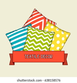 Backround with multicolored decorative pillows. Sketch illustration.