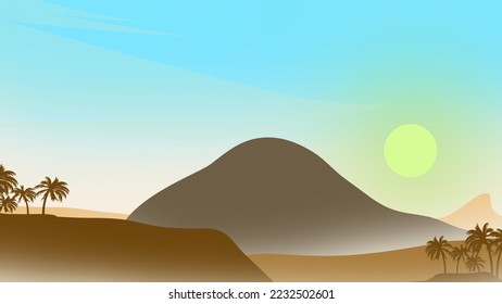 Backround on desert peak welcoming a new day with sunrise and beautiful view. Vector illustration Backround and Copy Space Area.