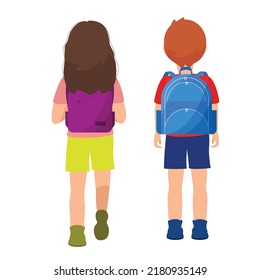 The backs of schoolchildren with colorful backpacks move along the street