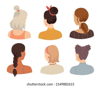 Backs view of female hairstyles flat vector illustrations set. Collection of trendy cartoon drawings of heads of young women with different hair isolated on white background. Beauty salon concept