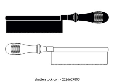 Silueta y contorno de la sierra de fondo. Ilustración aislada del vector Hacksaw. Herramienta Carpintero de sierra de mano, Equipo de corte de madera