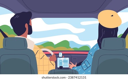 Backseat view. Couple ride in car inside automobile cabin interior, driver and passenger listening music radio or navigator, family driving trip vector illustration of automobile interior vehicle