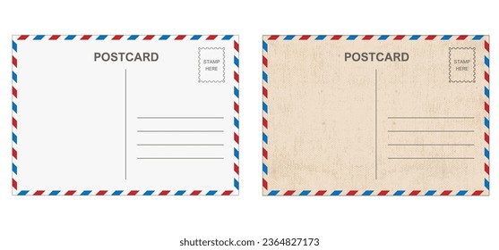 Backside blank travel postcard with dirty stain. Vector Air mail par avion postage stamps, stamp old post card. Empty back side template tag. Postale set, print address, track trace. Airmail, postal