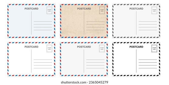 Backside blank travel postcard with dirty stain. Vector Air mail par avion postage stamps, stamp old post card. Empty back side template tag. Postale set, print address, track trace. Airmail, postal