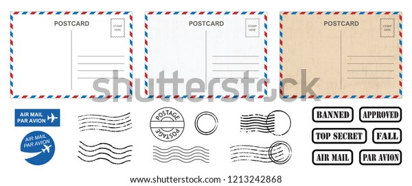 Backside blank travel postcard with dirty stain.\
Vector Air mail par avion postage stamps, stamp old post card empty\
Back side template tags postale set logo print address track trace\
airmail envelope