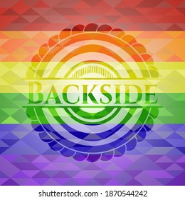 emblema de fondo sobre fondo de mosaico con los colores de la bandera LGBT. 