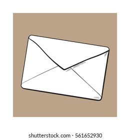 Backside of envelope, sketch vector illustration isolated on brown background. Hand drawing of enveloped with a lipstick kiss, love letter, romantic message