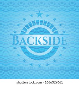 Backside light blue water style badge. Vector Illustration. Detailed.