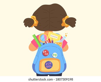 Backside of little girl with open backpack full of school items. Concept of back to school, kindergarten, stationery, learning, happy student, learning. Flat vector illustration cartoon character.