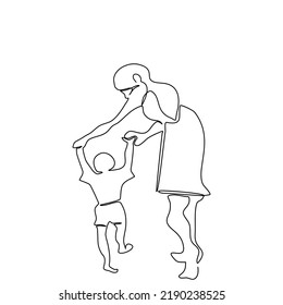 Backside of Mum and child walking  together.Toddler holding his mother hand in single line drawing style.Vector isolate flat continue line design concept of family or Happy Mother’s Day celebration.