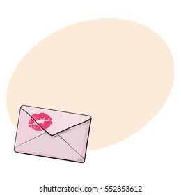 Backside of pink envelope with red lipstick kiss, sketch vector illustration isolated on background with place for text. Hand drawing of pink colored enveloped with a lipstick kiss, love letter