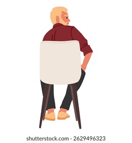 Backside view of adult bearded man cartoon character sitting on chair listening seminar with interest and motivation isolated on white. Male participant at business conference vector illustration