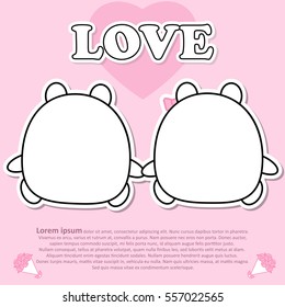 Backside view of Lovely couple cute bear hold the hands together on pink background in Valentine concept