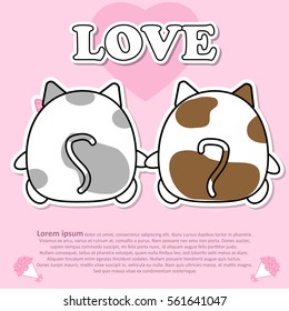 Backside view of Lovely cute cat couple hold hands together on Valentine's. Paper cut sticker concept