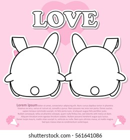 Backside view of Lovely cute Rabbit couple  hold hands together On Valentine's and paper cut sticker concept