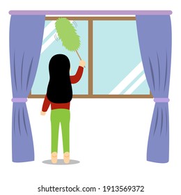 Backside of Woman standing on tiptoe to dust off window. Housewife cleaning window and curtain cartoon vector