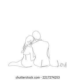 Backside of young bride and her groom sitting together in single line drawing style.Romantic couple in wedding’s days  continue line.Vector illustration isolate flat design concept of Valentine’s Day.