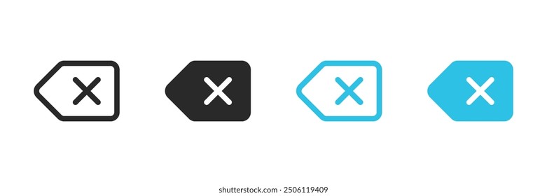 Backspace with cross and arrow button in 4 variations filled and outlined. Vector icons in flat style