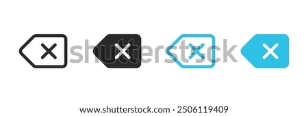 Backspace with cross and arrow button in 4 variations filled and outlined. Vector icons in flat style