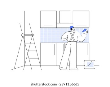 Ilustración del vector de concepto abstracto de la instalación de contraportada. Trabajador uniformado instalando un resplandor en la cocina, obras de interior ásperas, metáfora abstracta de construcción de casa privada.