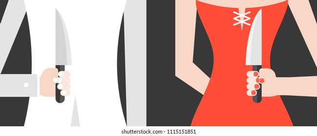 Backstabbing white suit man and red dress woman,hiding hand which carrying knife, flat design