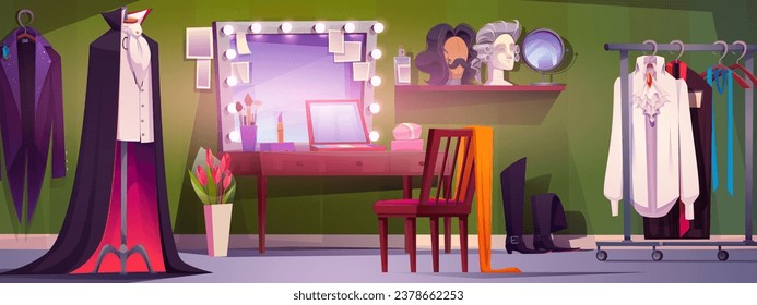 Acondicionamiento en el patio y sala de maquillaje con espejo. Vestido masculino para la ilustración teatral de la vía ancha. Artistas famosos cambian estudio con fondo de dibujos animados de luz de neón. Interior de la casa de vestidor