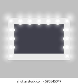 Backstage Dressing Room Makeup Illuminated Mirror Hanging On White Wall. Vector Illustration.