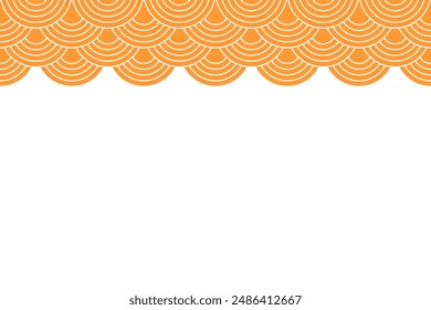 Backstage con espacio vacío. Patrón japonés de seigaiha. Estampado de vieiras. Escama de pez o escama de dragón. Textura de ondas de color naranja. Adorno geométrico simple con Formas redondas. Ilustración plana de Vector. 