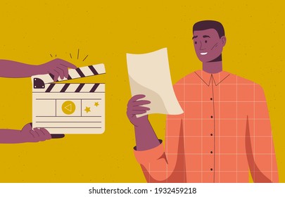Backstage of filmmaking scene. Actor rehearses and reads script, hands holding director clapperboard. Recording film scene and acting on camera. Movie making concept. Vector character illustration