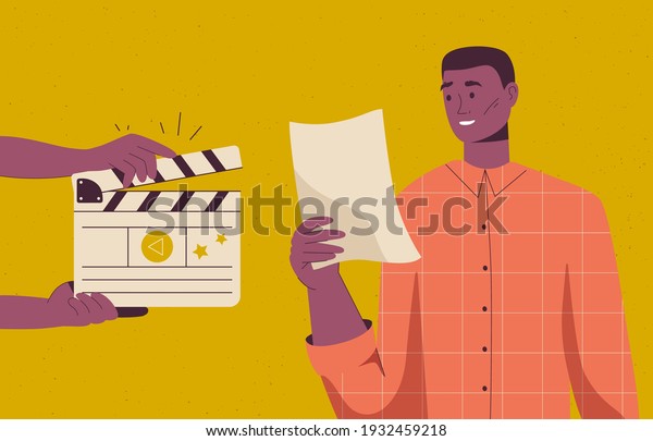 Backstage of filmmaking scene. Actor\
rehearses and reads script, hands holding director clapperboard.\
Recording film scene and acting on camera. Movie making concept.\
Vector character\
illustration