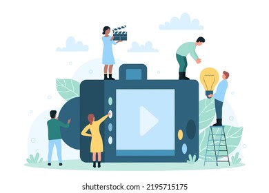 Backstage studio process with camera and tiny people. Cartoon staff making movie, photo and video, holding clapperboard and light bulb flat vector illustration. Photography, cinematography concept