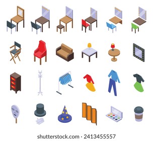 Backstage theater room icons set isometric vector. Makeup dressing. Table mirror