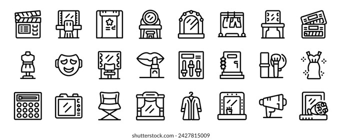 Backstage theater room icons set outline vector. Makeup dressing table. Mirror hanger