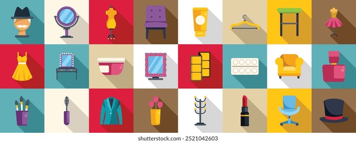 Backstage theater room icons set. This set of icons represents objects you might find in a fashion designer studio, including furniture, clothing, and tools for sewing and design