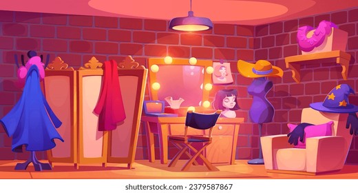Backstage theater room interior with table and mirror for makeup, clothing and wigs, screen for dressing. Cartoon vector of changing clothes and actor prepare area before performance or filming. svg