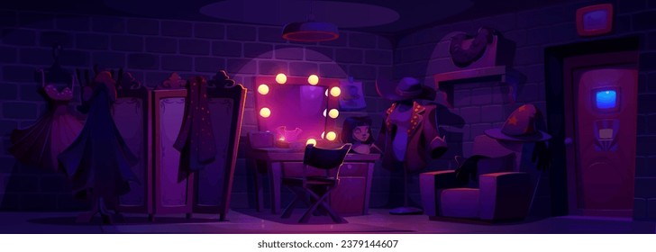 Backstage theater room in night. Cartoon vector dark empty interior of place to prepare actor before performance or filming with table and mirror for makeup, changeable clothing, screen for dressing. svg