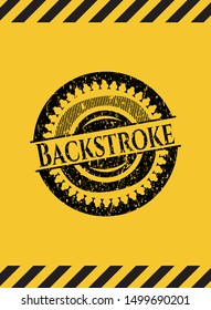 Backstroke black grunge emblem with yellow background. Vector Illustration. Detailed.
