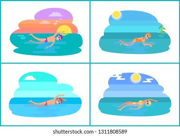 Backstroke and breaststroke, butterfly and freestyle swimming methods. Professionals in water practicing strokes. Sportive males and females vector