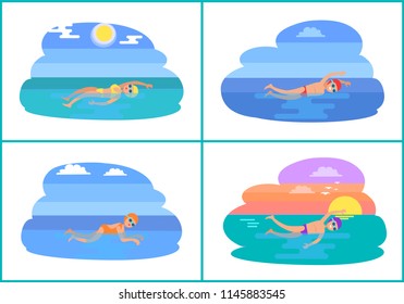 Backstroke and butterfly style isolated vector set. Water sport training in sea, professional exerts exercising. People wearing goggles and swimsuits