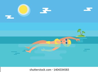 Backstroke swimmer in sea water performing stroke. Female sportswoman swimming by island with growing tropical palm tree. Professional sport vector