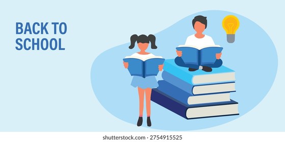 Backt to school concept, students reaing books vector illustration