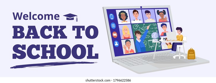 Backto school concept. A boy having video conference with teacher and classmates at home. Vector