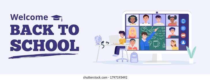 Backto school concept. A boy having video conference with teacher and classmates at home. Vector