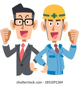 pose del intestino trasero, cuerpo superior de un hombre con traje y hombre de un trabajador de la construcción