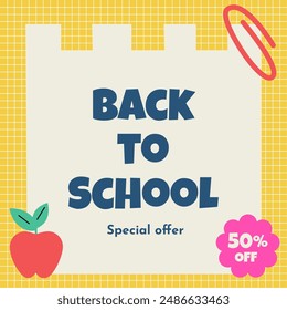 Back-to-school banner, poster, flyer, email marketing promotion template stationery, backpack, book, decorative hand-drawn vector illustration. Back-to-school background banner.