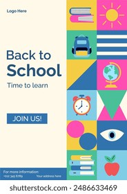 Back-to-school banner, poster, flyer, email marketing promotion template stationery, backpack, book, decorative hand-drawn vector illustration. Back-to-school background banner.