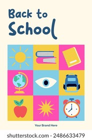 Back-to-school banner, poster, flyer, email marketing promotion template stationery, backpack, book, decorative hand-drawn vector illustration. Back-to-school background banner.